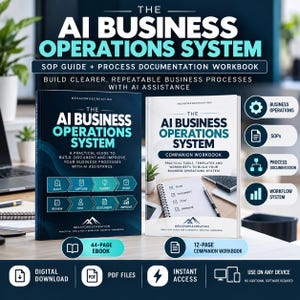 May include: Two books titled The AI Business Operations System, one with a dark blue cover and one with a white cover. The dark book is a 44-page ebook, and the white book is a 12-page companion workbook. Both feature text about building business processes with AI assistance.