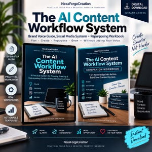 May include: The AI Content Workflow System digital download set includes a guide and companion workbook. The covers feature dark blue backgrounds with white and light blue text, displaying titles, subtitles, and icons for planning, creating, and repurposing content.