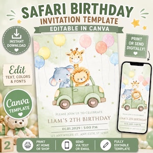 Safari Birthday Invitation, Editable Canva Template, Printable Jungle Invitation, Digital Birthday Invite for Boys
