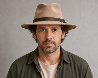 Handmade Suede Fedora Hat, Pinched Crown, Leather Band, Wide Stitched Brim