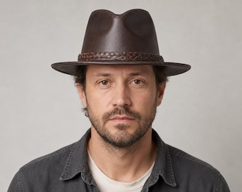 Handmade Leather Fedora Hat, Center Dent Crown,Braided Band, Stitched Medium Brim