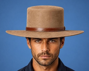 Sombrero de ranchero de cuero de gamuza hecho a mano, estilo fedora occidental de ala ancha