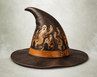 Genuine Leather Witch Hat, Gothic Graveyard Print, Halloween Cosplay Costume