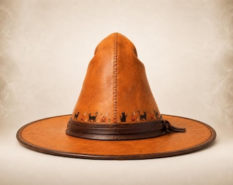 Amber Leather Witch Hat, Black Cats, Pumpkins, Wide Brim Cosplay Costume