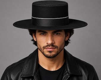 Sombrero de cuero genuino hecho a mano con ala plana, estilo fedora estructurado, ropa western unisex.