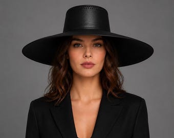 Black Leather Wide Brim Fedora, Flat Crown, Western Minimalist Hat