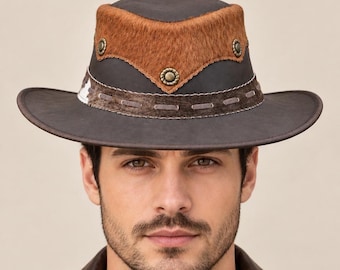 Handmade Leather Cowboy Hat, Western Rancher Style, Wide Brim, Concho Band