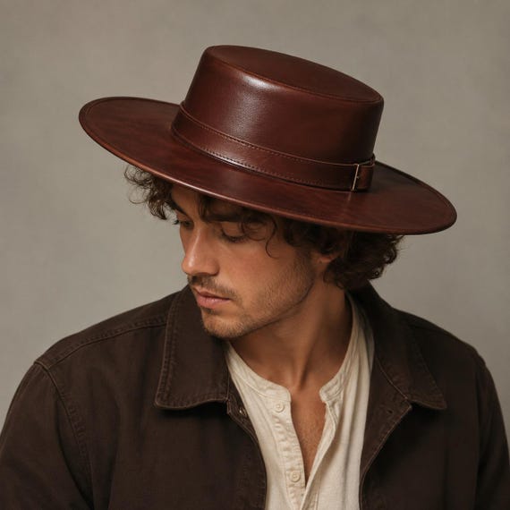 Handmade Genuine Leather Western Hat, Wide Brim Fedora Style Rancher Cap