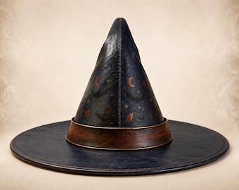 Genuine Leather Witch Hat, Midnight Black, Bats, Moons, Stars (Cosplay Costume)
