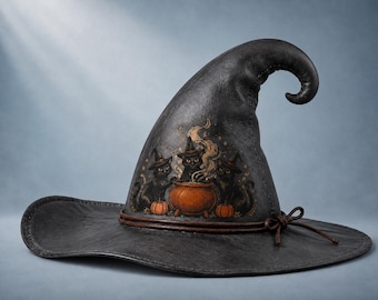 Genuine Leather Witch Hat, Black Cats, Cauldron, Halloween Cosplay