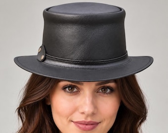 Handmade Black Leather Top Hat, Wide Brim Western Style, Side Button Detail