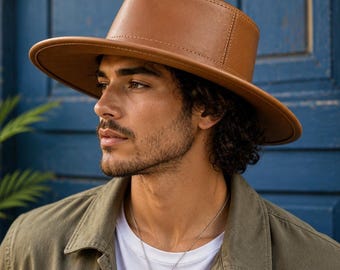 Sombrero de ranchero de cuero genuino marrón, fedora de ala ancha y plana, estilo western unisex.