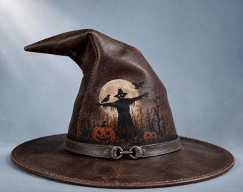 Genuine Leather Witch Hat, Scarecrow Moon Harvest Gothic Cosplay (Dark Brown)