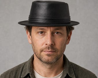 Handmade Leather Fedora Hat, Telescope Crown,Layered Band, Short Stitched Brim