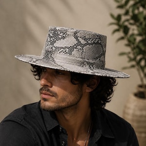 Snakeskin Print Leather Hat, Wide Brim Rancher Hat, Python Pattern Fedora, Western Cowboy Hat, Unisex Statement Hat