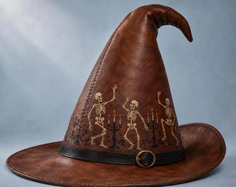 Brown Leather Witch Hat with Dancing Skeletons, Halloween Wizard Hat, Gothic LARP Cosplay Costume