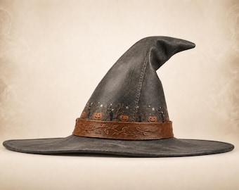 Ash Grey Leather Witch Hat, Halloween Wizard Costume, Gothic Cosplay (UV-Printed Owls, Pumpkins)