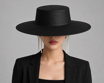 Handmade Black Leather Wide Brim Hat, Flat Crown Fedora, Minimalist Western Style