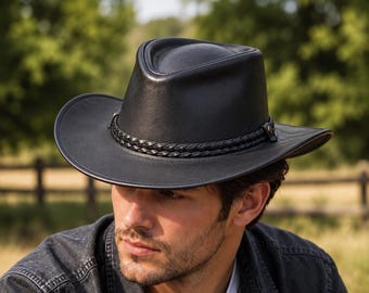 Handmade Black Leather Cowboy Hat, Western Braided Band, Structured Crown