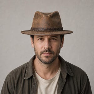 Op de afbeelding: Een bruine fedora-hoed met een verweerde lederlook en een donkerbruine gevlochten band rond de kroon. De hoed heeft een ingedeukte kroon en een platte rand, wat zorgt voor een gestructureerd uiterlijk met zichtbare stiksels langs de rand.