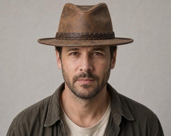 Distressed Leather Fedora Hat, Teardrop Crown, Braided Band, Stitched Wide Brim