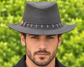 Handmade Leather Cowboy Hat for Men, Western Outback Style, Wide Brim, Rustic Outdoor Hat