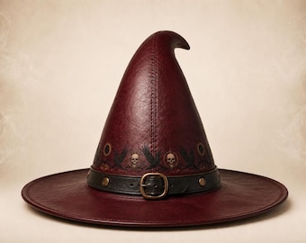 Crimson Leather Witch Hat, Gothic Skulls Ravens, Wide Brim Cosplay Costume