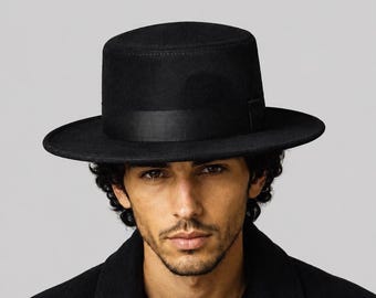 Sombrero fedora de ala plana de gamuza negra, sombrero de vestir estilo western unisex