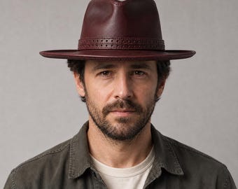 Handmade Leather Fedora Hat, Tall Pinched Crown,Perforated Band, Curled Stitched Brim