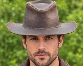 Handmade Leather Cowboy Hat, Brown Western Wide Brim Rancher (Custom Fit)