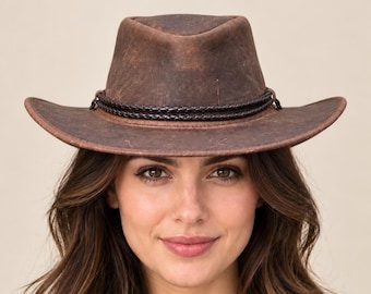 Handmade Leather Cowboy Hat, Wide Brim Western Style, Braided Hatband, Rustic Rancher Accessory
