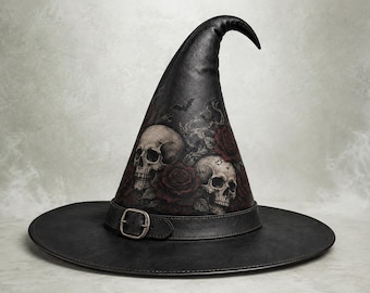 Genuine Leather Witch Hat, Gothic Skulls and Roses, Halloween Cosplay