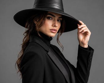 Handgefertigter Fedora-Hut aus echtem Leder mit breiter Krempe, Schwarz, Western-Boho-Stil