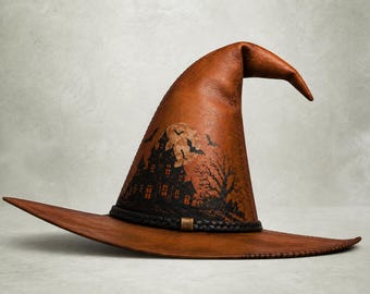 Genuine Leather Witch Hat, Haunted House Moon Print, Gothic Cosplay Costume