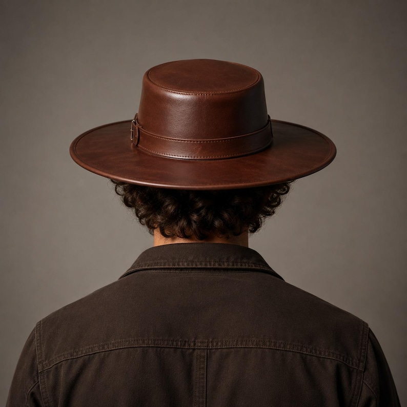 Puede incluir: Un sombrero de color marr&oacute;n oscuro con parte superior plana, ala ancha y una banda de cuero sint&eacute;tico a juego con una peque&ntilde;a hebilla met&aacute;lica. El sombrero se lleva sobre cabello oscuro rizado y una chaqueta de cuello marr&oacute;n oscuro, vista trasera.