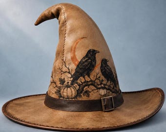 Tan Leather Witch Hat, Gothic Raven Moon Print, Halloween Cosplay