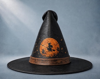 Genuine Leather Witch Hat, Flying Witch Moon Print, Gothic Cosplay Costume