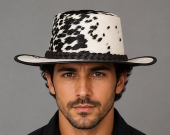 Handmade Cow Print Leather Cowboy Hat, Western Statement Hat, Braided Hatband