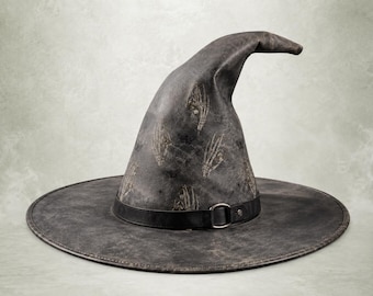 Genuine Leather Witch Hat, Gothic Halloween Wizard, UV-Printed Skeleton Hands Moths