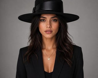 Schwarzer Lederhut mit breiter Krempe im Rancher-Stil, Unisex-Fedora, Western-Stil