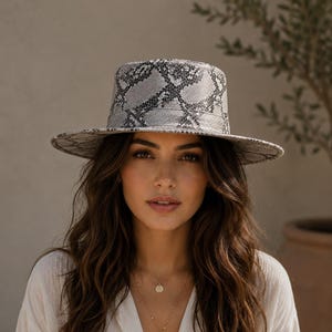 Snakeskin Print Leather Hat, Wide Brim Rancher Hat, Python Pattern Fedora, Western Cowboy Hat, Unisex Statement Hat