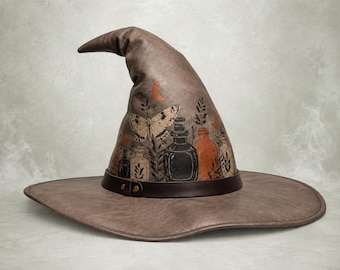 Taupe Leather Witch Hat, Alchemist Wizard Cosplay, Gothic Halloween (UV-Printed)
