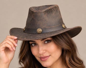 Brown Distressed Leather Cowboy Hat, Wide Brim Western Hat with Concho Band