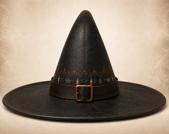 Genuine Leather Witch Hat, Gothic Halloween Wizard, Spiders Webs (Wide Brim)