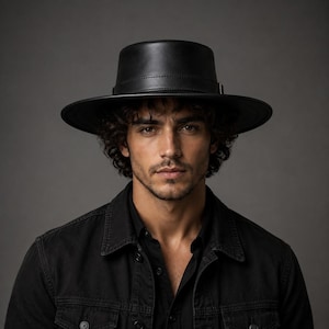 Puede incluir: Un sombrero negro de ala ancha con copa plana y una banda negra a juego alrededor de la base. El sombrero presenta un dise&ntilde;o estructurado con un acabado liso, proporcionando una apariencia limpia y uniforme. Se lleva con una camisa negra.
