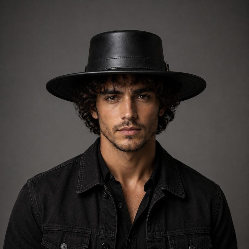 Puede incluir: Un sombrero negro de ala ancha con copa plana y una banda negra a juego alrededor de la base. El sombrero presenta un dise&ntilde;o estructurado con un acabado liso, proporcionando una apariencia limpia y uniforme. Se lleva con una camisa negra.
