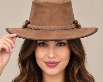 Handmade Leather Cowboy Hat, Wide Brim, Braided Band, Rustic Western Style