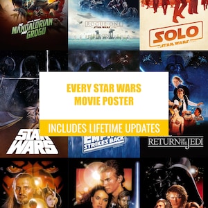 Puede incluir: Un collage de carteles de películas de Star Wars con varios personajes y escenas de la franquicia. Una superposición rectangular blanca central contiene el texto amarillo EVERY STAR WARS MOVIE POSTER e INCLUDES LIFETIME UPDATES.