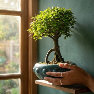 May include: A small bonsai tree with vibrant green leaves and a thick, textured trunk, planted in a round, teal-colored ceramic pot with a bumpy, decorative rim. The tree has a distinct arching root structure visible above the soil surface.