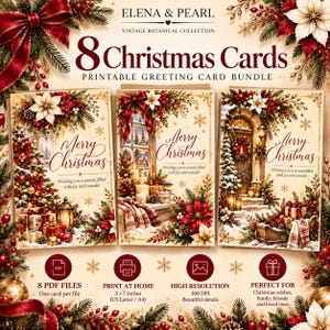 Può includere: Un set di biglietti d'auguri stampabili con 8 cartoline di Natale della collezione Elena & Pearl Vintage Botanical. I biglietti mostrano scene festive con stelle di Natale, alberi di Natale, regali e il testo Merry Christmas.